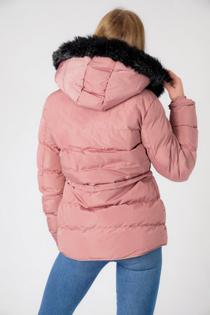 Jasmin Quilted Puffer Jacket With Faux Fur Trim Hood In Nostalgia Rose - Tokyo Laundry