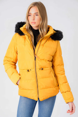 Jasmin Quilted Puffer Jacket With Faux Fur Trim Hood In Old Gold - Tokyo Laundry