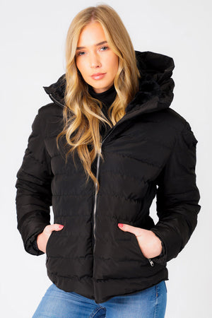 Quince Quilted Puffer Jacket with Extendable Hood in Black - Tokyo Laundry