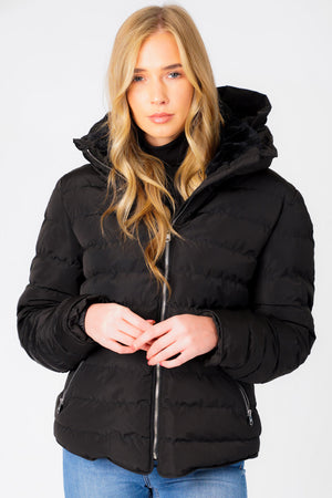 Quince Quilted Puffer Jacket with Extendable Hood in Black - Tokyo Laundry