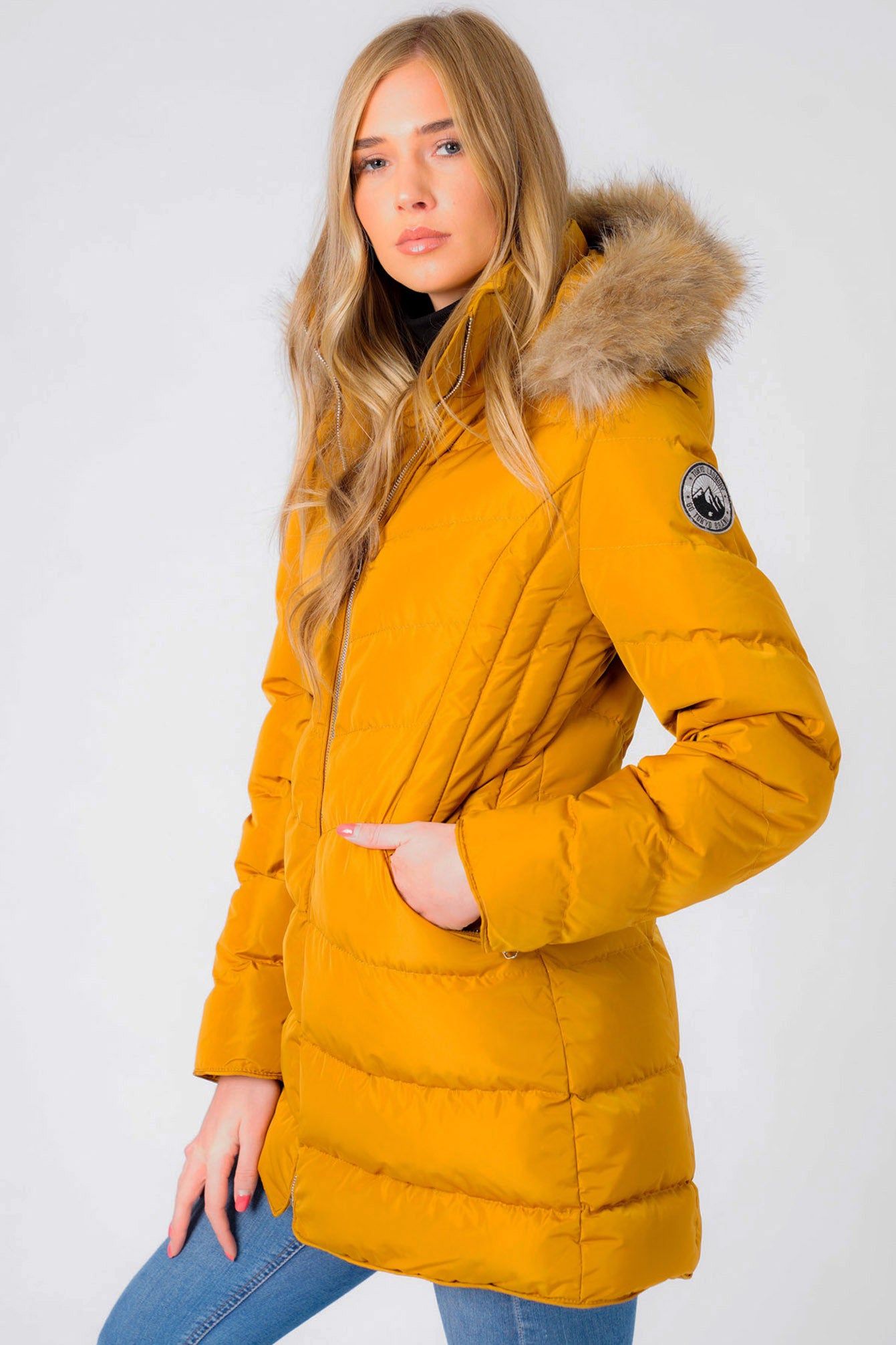 Quilted Puffer Mustard Puffer Jacket With Fur Hood Mustard Faux