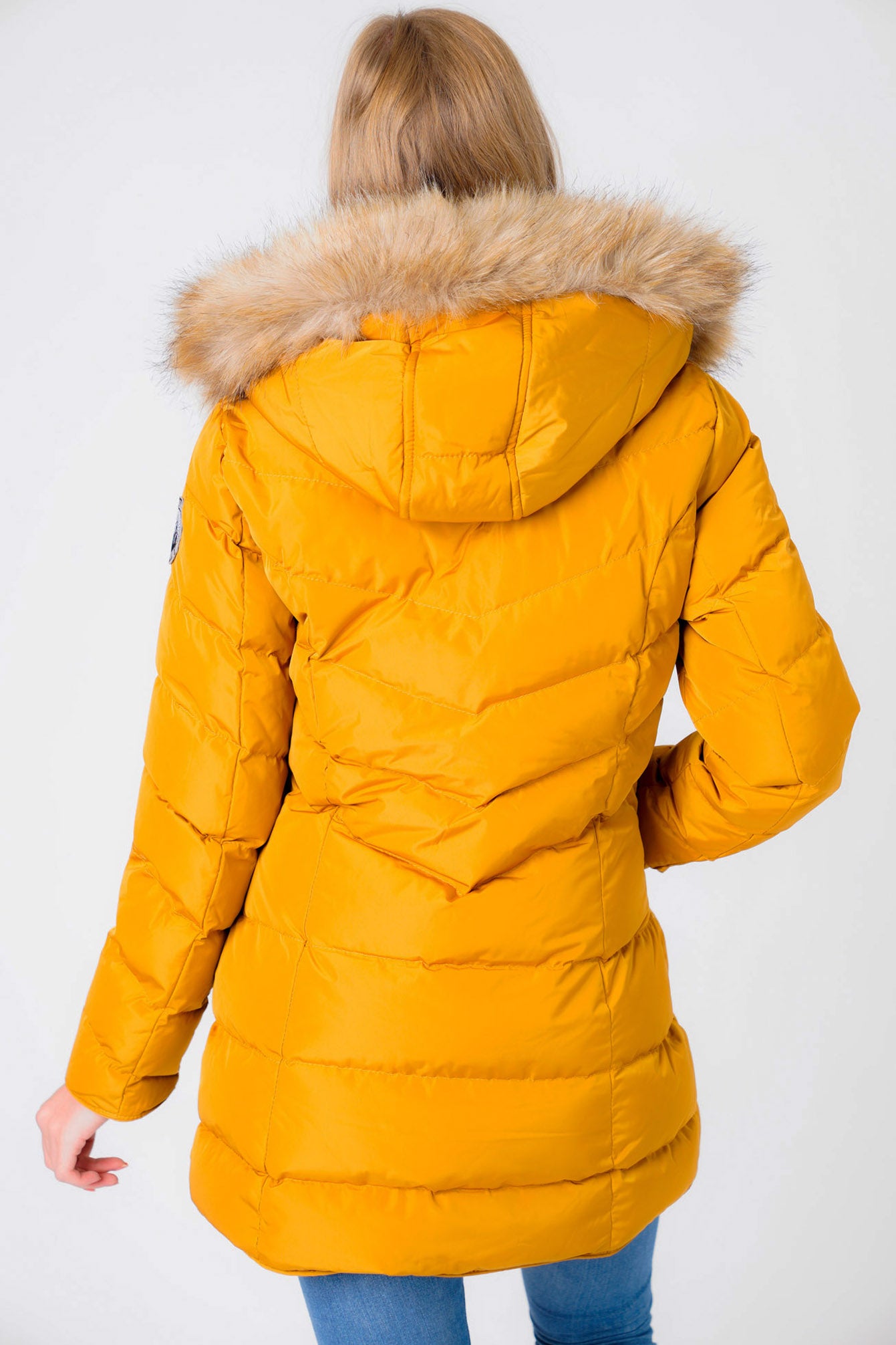 Jaboris Fur Funnel Neck Longline Quilted Puffer Coat in Mustard