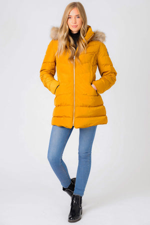 Jaboris Fur Funnel Neck Longline Quilted Puffer Coat in Mustard - Tokyo Laundry