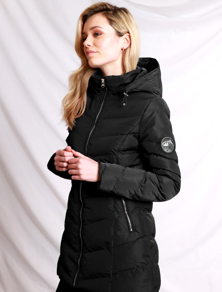 Safflower 2 Longline Quilted Puffer Coat with Hood In Black - Tokyo La ...