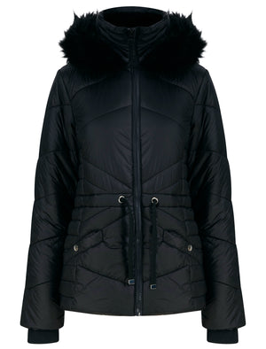 Featherington High Shine Quilted Hooded Puffer Jacket With Faux Fur Trim in Black - Tokyo Laundry