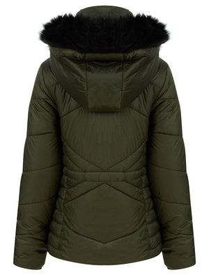 Featherington High Shine Quilted Hooded Puffer Jacket With Faux Fur Trim in Khaki - Tokyo Laundry