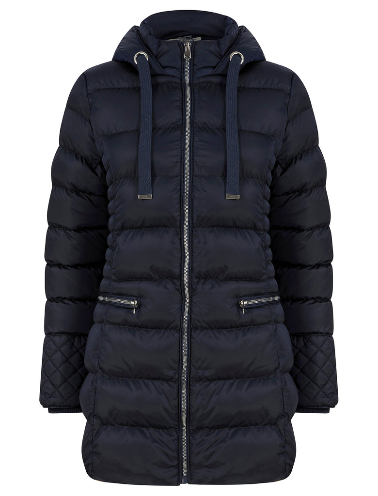 Shania Longline Quilted Puffer Coat with Hood in Dark Navy - Tokyo Lau ...