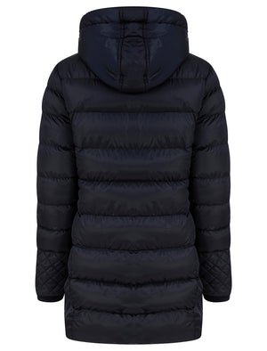 Shania Longline Quilted Puffer Coat with Hood in Dark Navy - Tokyo Laundry