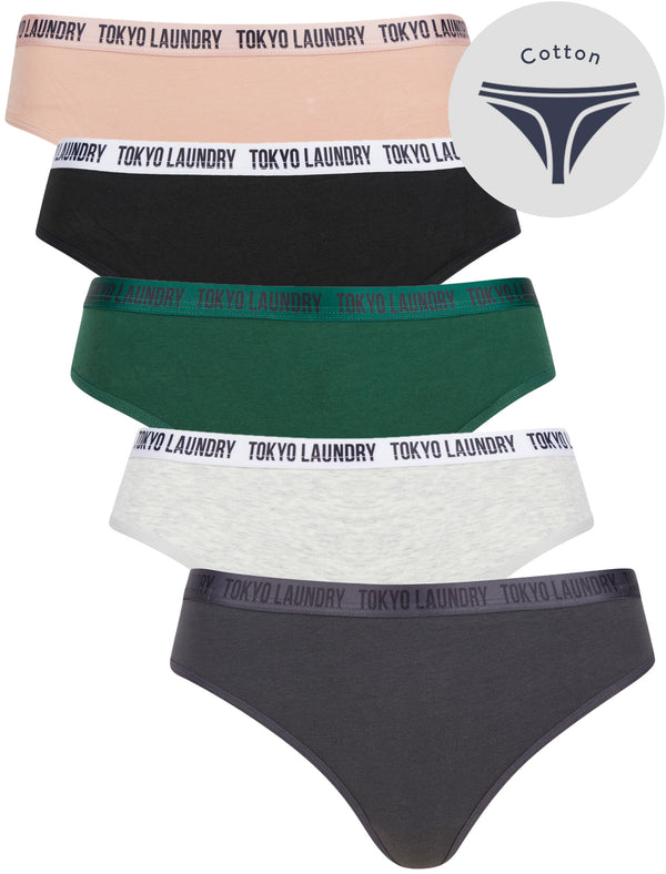 Bella (5 Pack) Cotton Assorted Thongs in Nine Iron / Light Grey Marl / Dark Green / Jet Black / Misty Rose - Tokyo Laundry