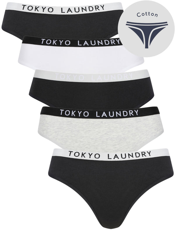 Tilly (5 Pack) Cotton Assorted Thongs in Jet Black / Bright White / Light Grey Marl - Tokyo Laundry