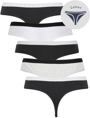 Tilly (5 Pack) Cotton Assorted Thongs in Jet Black / Bright White / Light Grey Marl - Tokyo Laundry