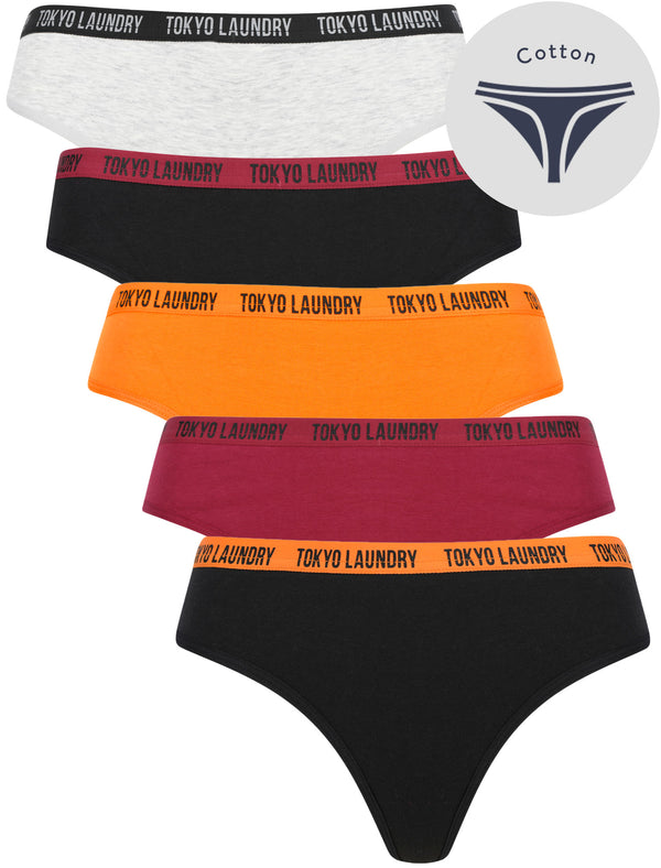 Sochia (5 Pack) Cotton Assorted Thongs in Jet Black / Beaujolais / Amberglow / Light Grey Marl - Tokyo Laundry