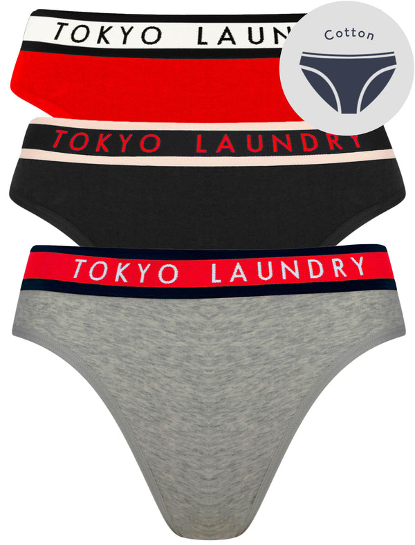 Shelbie (3 Pack) Cotton Assorted Briefs in Flame Scarlet / Jet Black / Mid Grey Marl - Tokyo Laundry