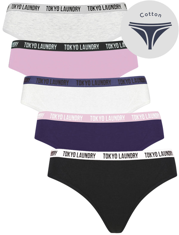 Ivy (5 Pack) Cotton Assorted Thongs in Light Grey Marl / Winsome Orchid / Bright White / Blue Ribbon / Jet Black - Tokyo Laundry