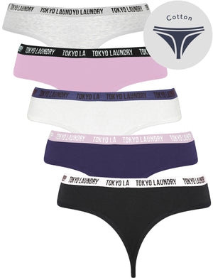Ivy (5 Pack) Cotton Assorted Thongs in Light Grey Marl / Winsome Orchid / Bright White / Blue Ribbon / Jet Black - Tokyo Laundry