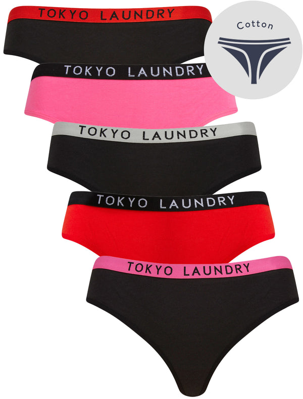 Cher (5 Pack) Cotton Assorted Thongs in Jet Black / Azalea Pink / Flame Scarlet - Tokyo Laundry