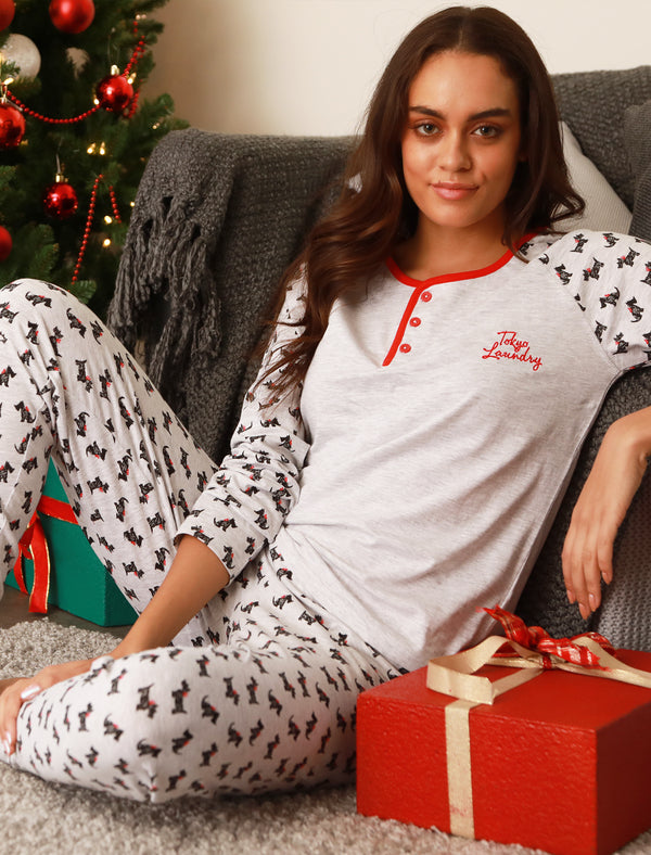 Scottie Print 2pc Long Sleeve Cotton Lounge Set in Light Grey Marl - Tokyo Laundry