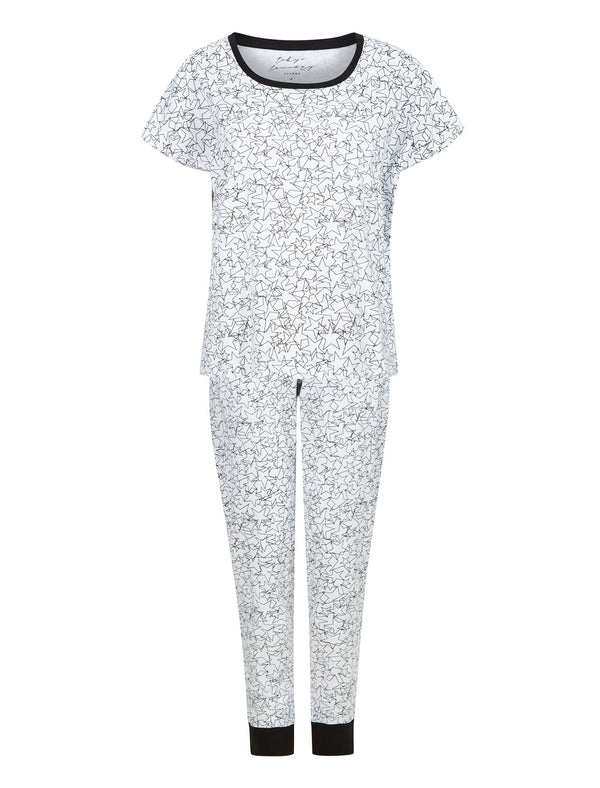 Star Cluster Print 2PC Cotton Lounge Pyjama Set in Bright White - Tokyo Laundry