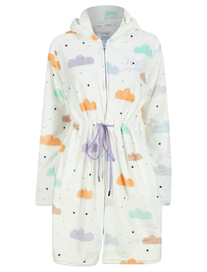 Women's Cloud Mix Motif Soft Fleece Zip Up Dressing Gown in Optic White - Tokyo Laundry