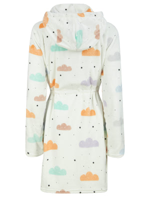 Women's Cloud Mix Motif Soft Fleece Zip Up Dressing Gown in Optic White - Tokyo Laundry