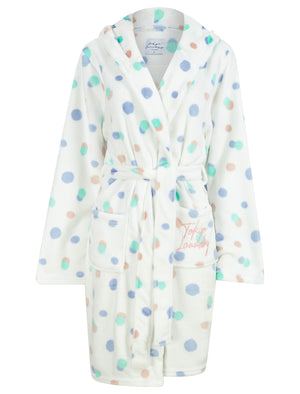 Women's Spot Mix Soft Fleece Tie Robe Dressing Gown with Hooded Ears in Bright White - Tokyo Laundry