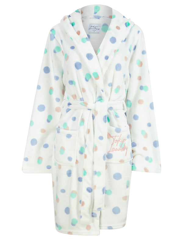 Women's Spot Mix Soft Fleece Tie Robe Dressing Gown with Hooded Ears in Bright White - Tokyo Laundry