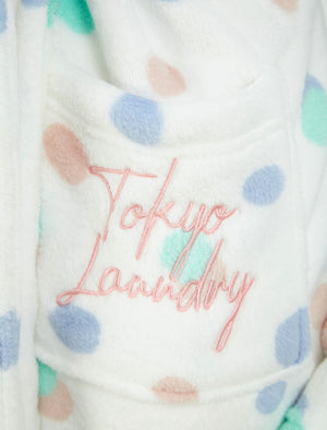 Women's Spot Mix Soft Fleece Tie Robe Dressing Gown with Hooded Ears in Bright White - Tokyo Laundry