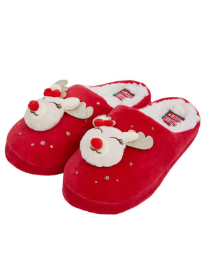 Women's Glimmer 3D Rudolph Reindeer Sherpa Lined Christmas Mule Slippers in Red - Merry Christmas
