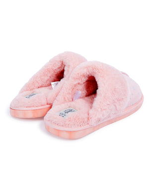 Gravity Foil Star Print Faux Suede Mule Slippers with Faux Fur Lining & Trim in Light Pink - Tokyo Laundry