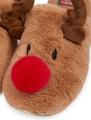 Women's Rudy Red Nose 3D Rudolph Reindeer Faux-Fur Christmas Mule Slippers in Light Brown - Merry Christmas