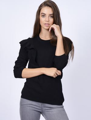 Gardenia Crew Neck Knitted Jumper with Frills in Black - Tokyo Laundry