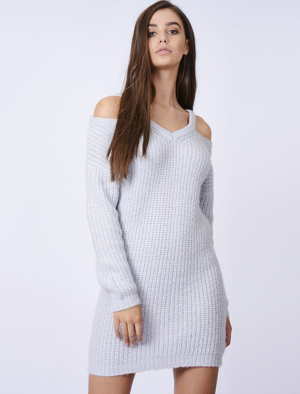 Broad Church Split Shoulder Longline Knitted Jumper in Miss Powder Grey - Tokyo Laundry