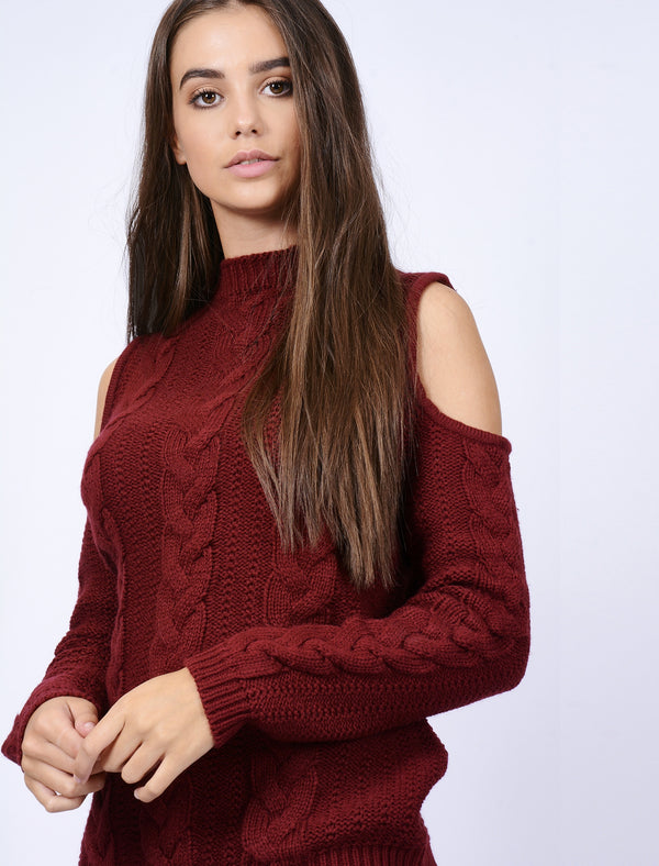 Serenity Turtle Neck Jumper with Cold Shoulder in Dark Ruby - Tokyo Laundry