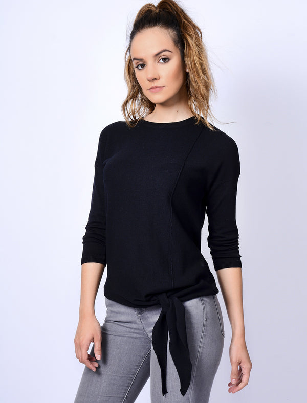 Cloverfield Tie Front Jumper in Black - Plum Tree