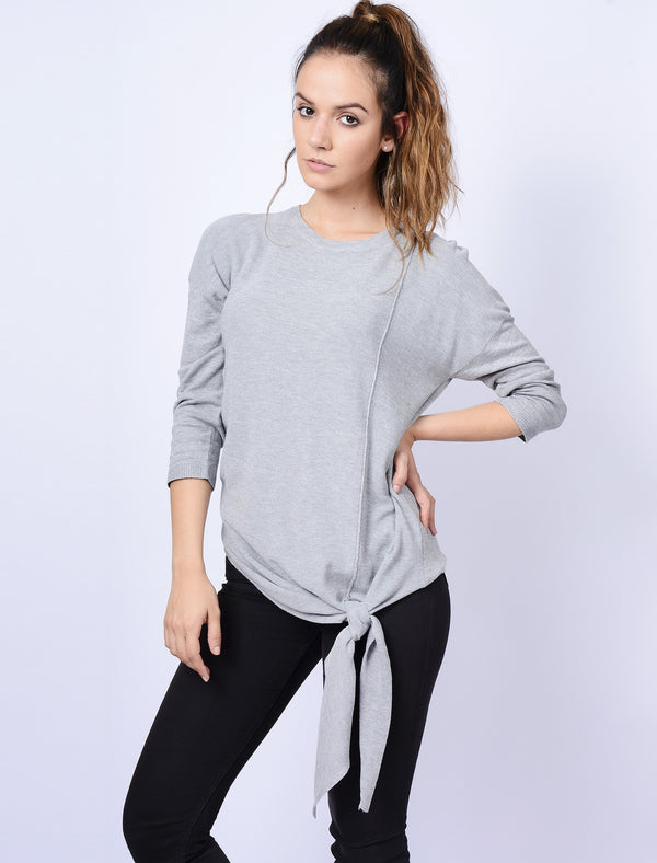 Cloverfield Tie Front Jumper in Light Grey Marl - Plum Tree