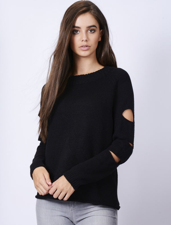 Vault Crew Neck Knitted Jumper with Slit Sleeves in Black - Tokyo Laundry