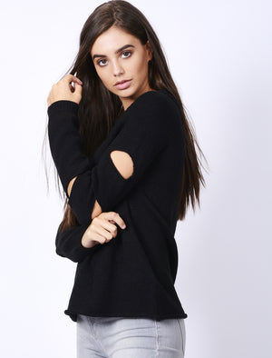 Vault Crew Neck Knitted Jumper with Slit Sleeves in Black - Tokyo Laundry