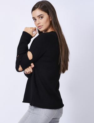 Vault Crew Neck Knitted Jumper with Slit Sleeves in Black - Tokyo 