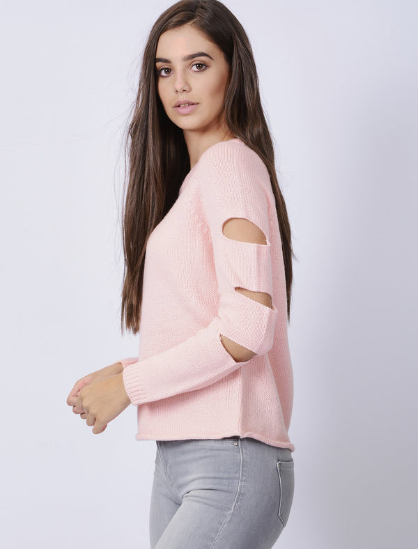 Vault Crew Neck Knitted Jumper with Slit Sleeves in English Rose - Tokyo Laundry