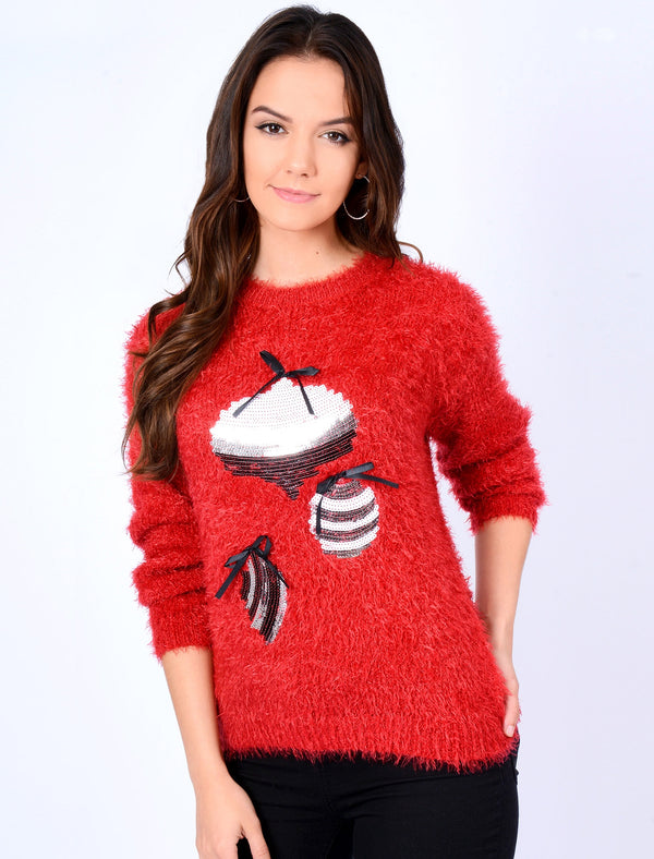 Baubles Sequin Novelty Christmas Jumper In Red - Merry Christmas