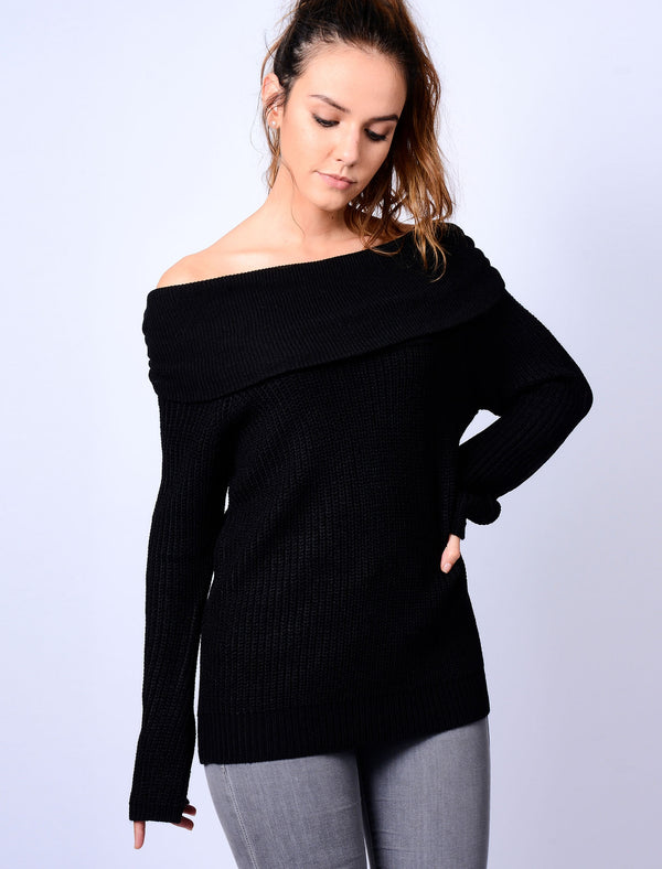 Jive Bardot Knitted Jumper in Black - Tokyo Laundry