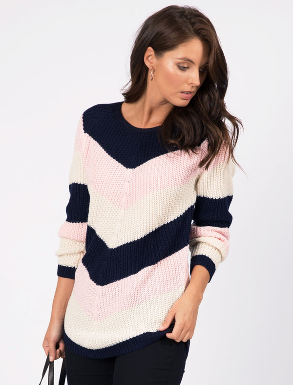 Sena Chevron Colour Block Knitted Jumper in Navy / Ivory / Almond Blossom - Tokyo Laundry