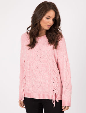 Caphis Tie Front Chenille Knitted Jumper in Candy Pink  - Tokyo Laundry