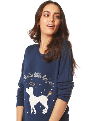 Women’s Xmas Poodle Sequin Motif Novelty Christmas Jumper in Medieval Blue
