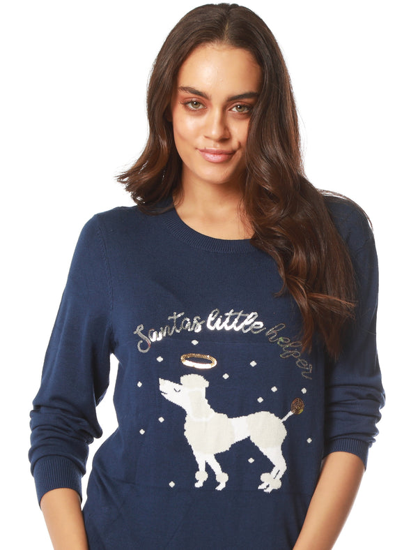 Women’s Xmas Poodle Sequin Motif Novelty Christmas Jumper in Medieval Blue