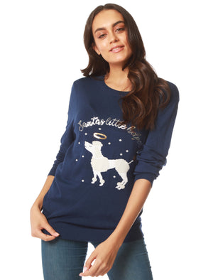 Women’s Xmas Poodle Sequin Motif Novelty Christmas Jumper in Medieval Blue