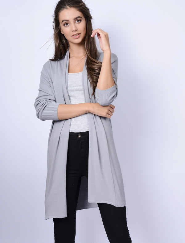 Quayside Ribbed Cardigan in Light Grey Marl - Plum Tree