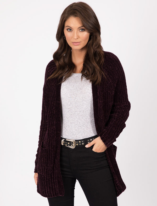 Adley Chenille Open Cardigan With Pockets In Burgundy - Tokyo Laundry
