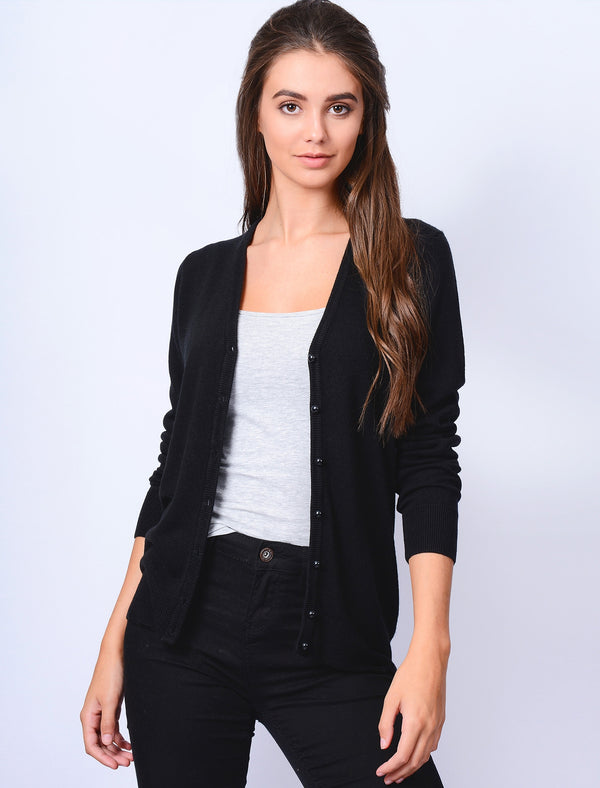 Monet V Neck Button Up Cardigan in Black - Plum Tree