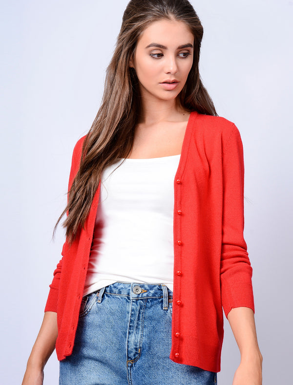 Monet V Neck Button Up Cardigan in Pillar Box Red - Plum Tree